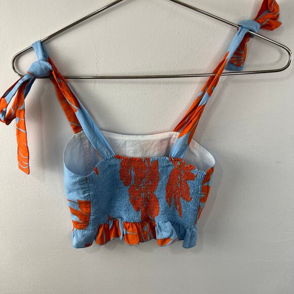 Nauty Blue Blue Orange Floral Tie Shoulder Ruffled Smocked Crop Top Girls XXS - Picture 2 of 4